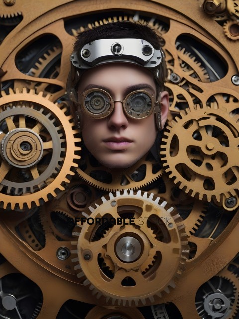 A person wearing goggles and surrounded by gears