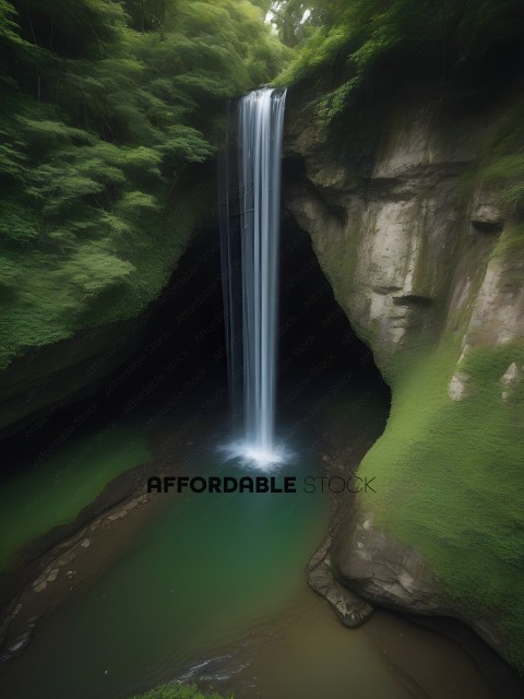 A waterfall in a cave with greenery