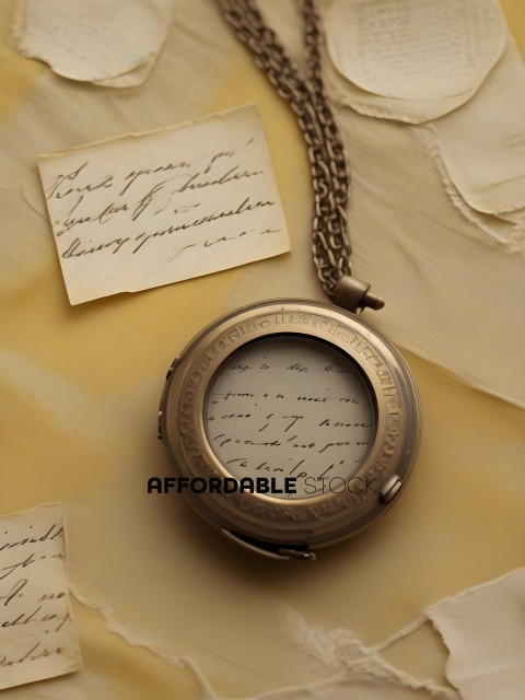 A gold pocket watch with a chain around its neck