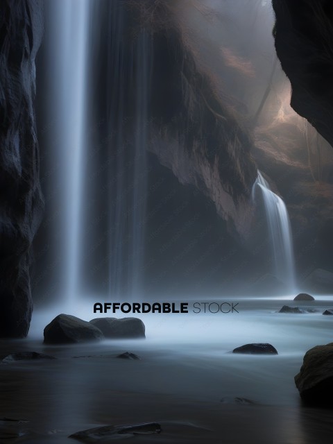 A waterfall in a cave with rocks and water