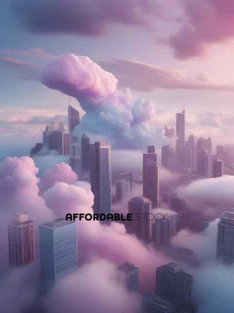 A city skyline with a cloud in the sky
