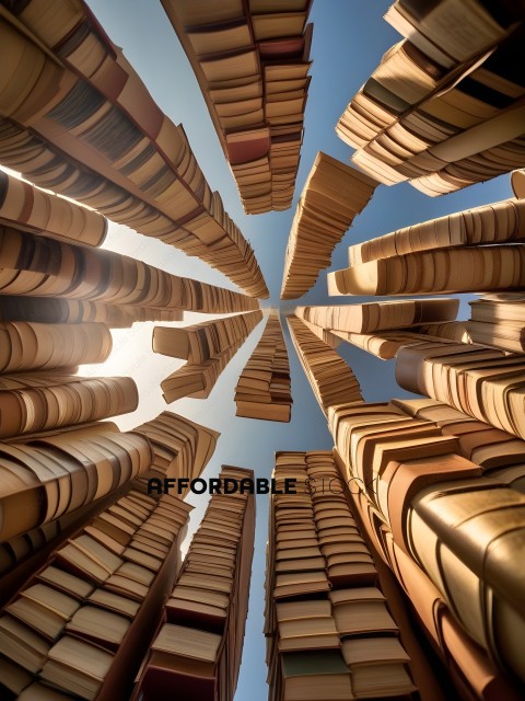 A stack of books with a blue sky in the background