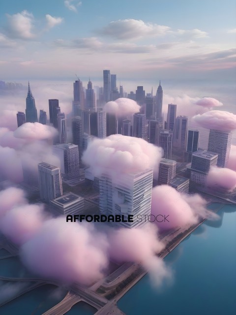 A city skyline with pink clouds