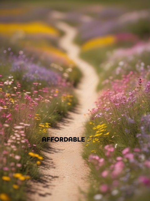 A pathway through a field of flowers
