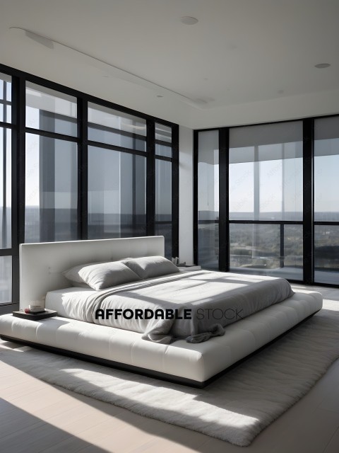 A white bed with a white bedspread and pillows in a room with large windows