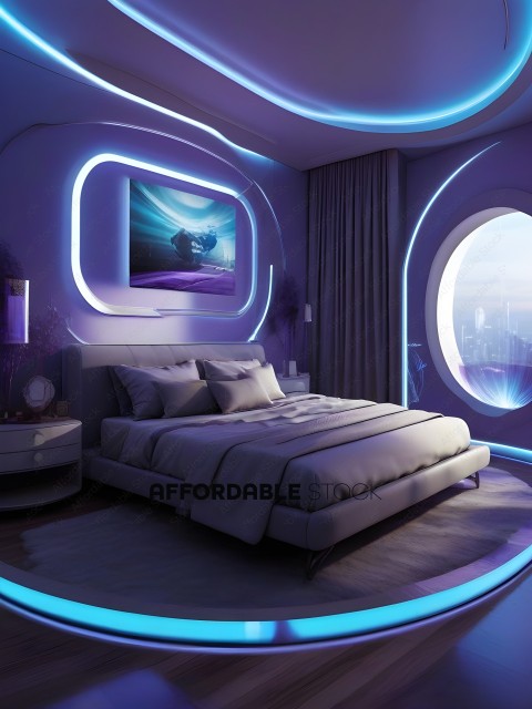 A futuristic bedroom with a large window and a picture of a man on the wall