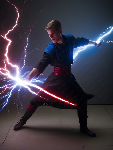 A man in a blue and black outfit with a red belt and a red light saber