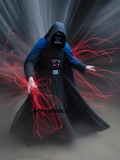 Darth Vader in a black cloak with red lightsaber