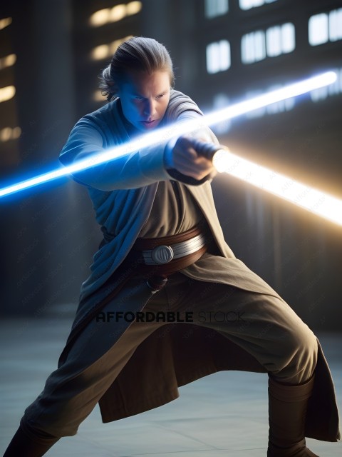 A man in a brown robe is holding a blue light saber