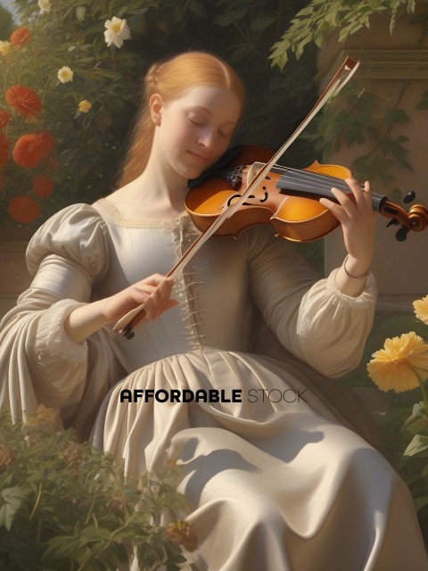A woman in a white dress plays the violin