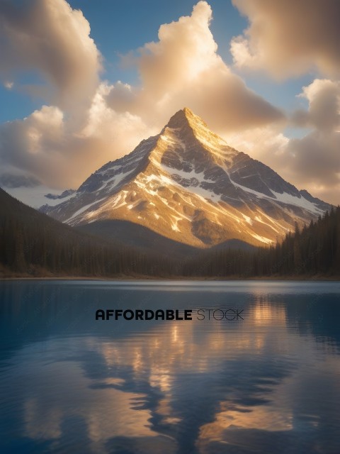 A majestic mountain with a snowy peak reflecting in a lake