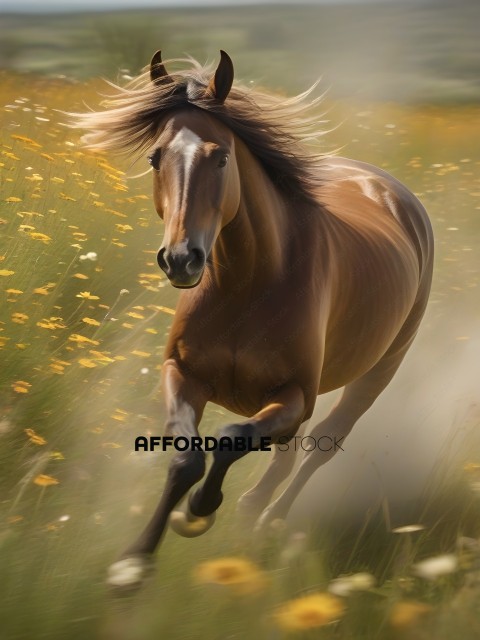 A brown horse running through a field of yellow flowers