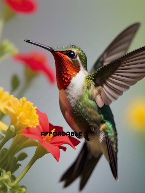 A hummingbird with a red beak and green and white feathers