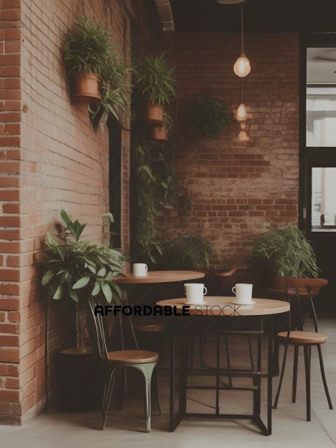 A restaurant with a brick wall and plants