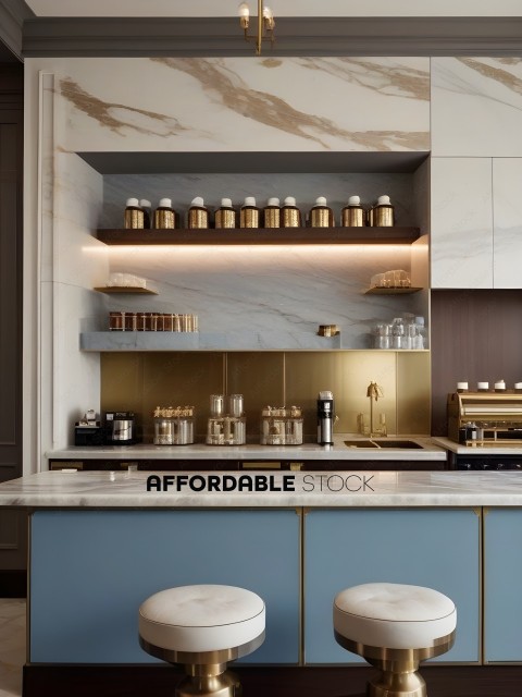 A Clean, Modern Coffee Shop with Blue Cabinets and Gold Accents