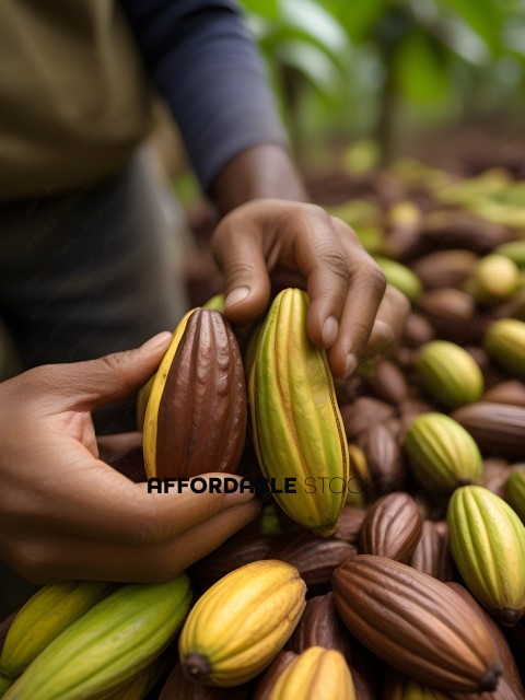 A person picking up a cocoa bean