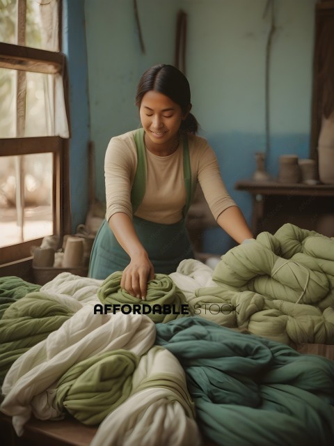 A woman in a green apron is rolling up yarn