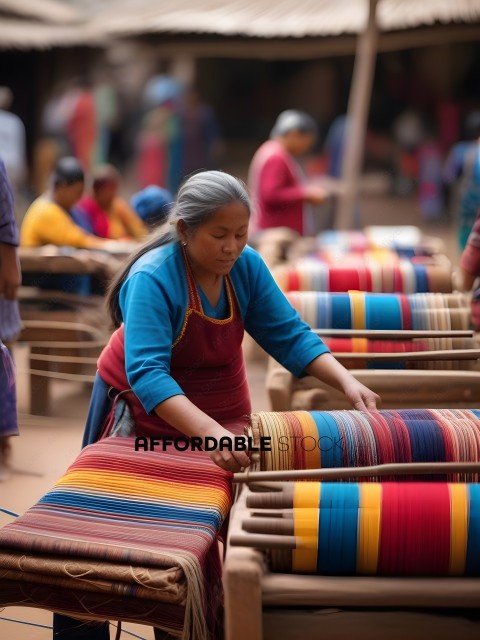 A woman wearing a red apron is working on a loom
