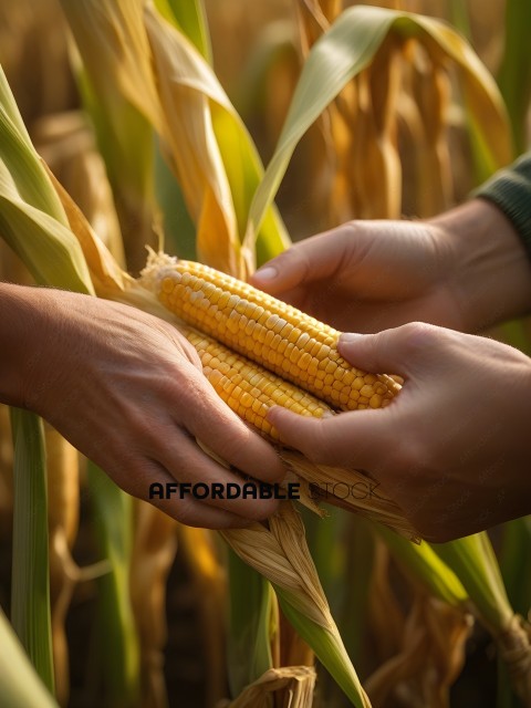 Two hands hold a corn on the cob