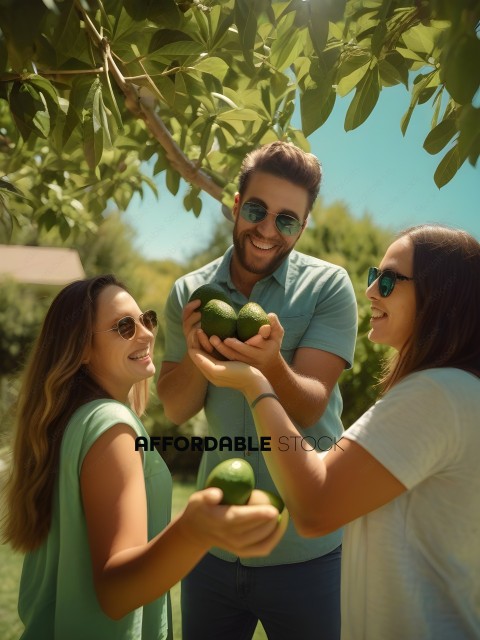 Three people holding green fruit
