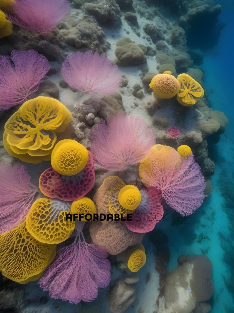 A colorful underwater scene with yellow and pink coral