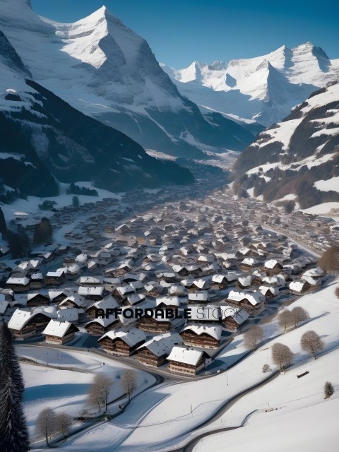 Snowy village with mountains in the background