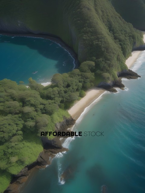 A beautiful island with a lush green forest and a sandy beach