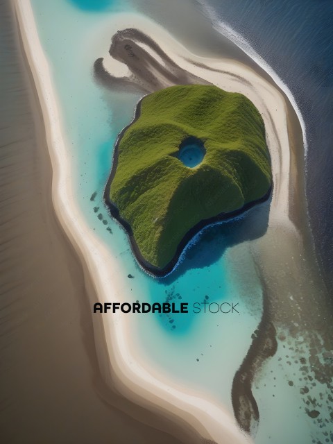 A large island with a green top and a hole in the middle