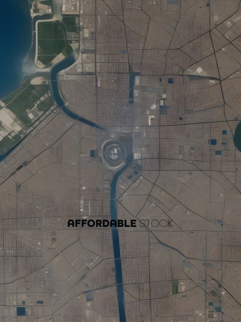 A city map with a large building in the center