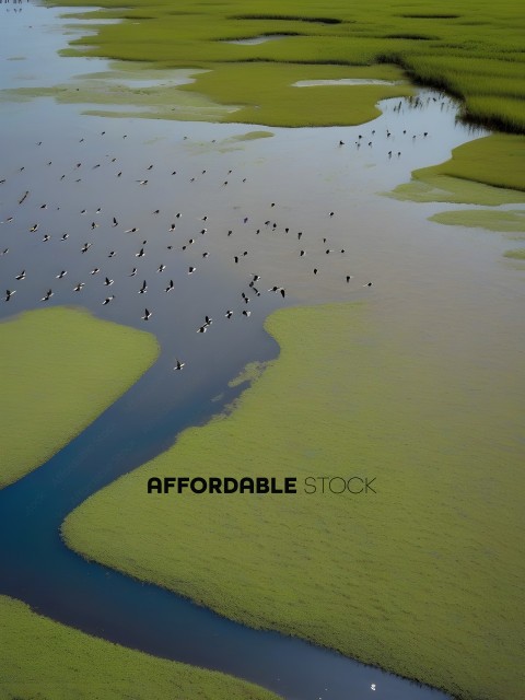 A large flock of ducks in a body of water
