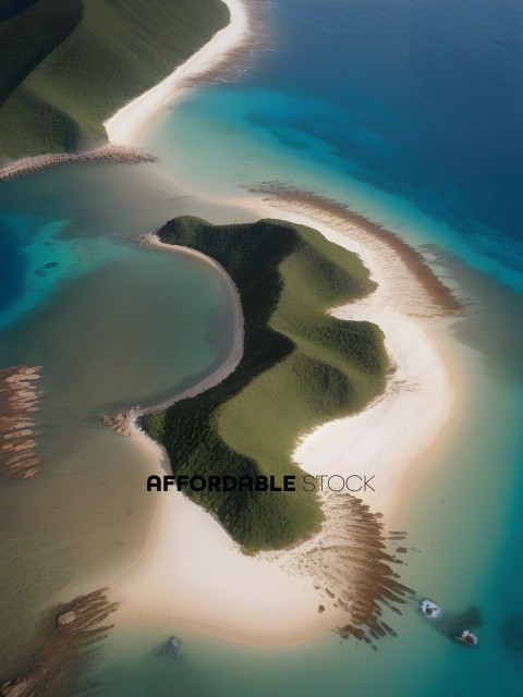 A beautiful island with a sandy beach and a lush green hill