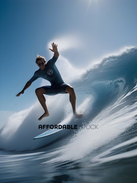 Man Surfing on a Blue Surfboard