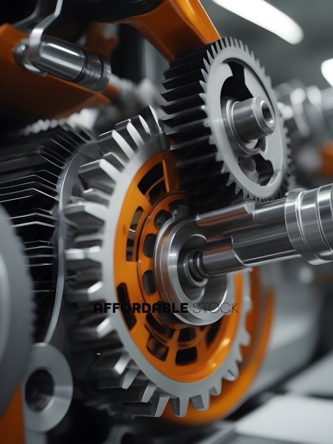 A close up of a gear with orange and silver parts