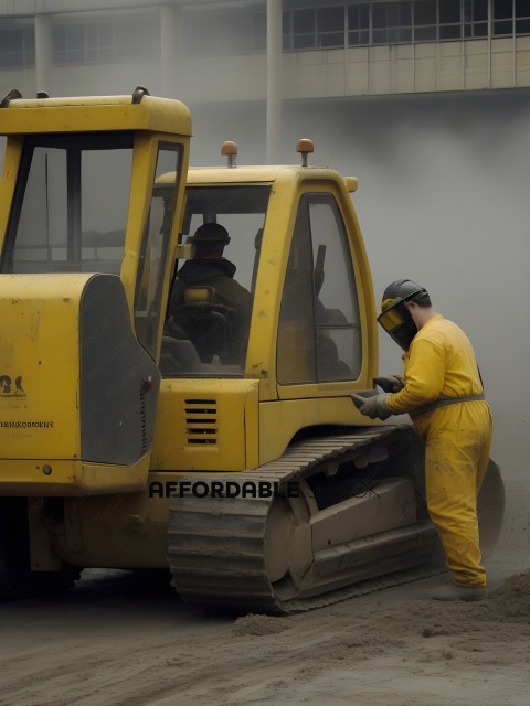 A man in a yellow jumpsuit is working on a piece of construction equipment