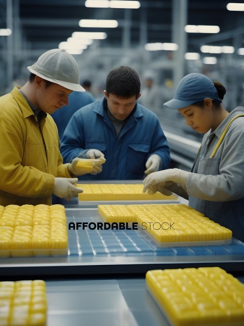Three workers in a factory making yellow items