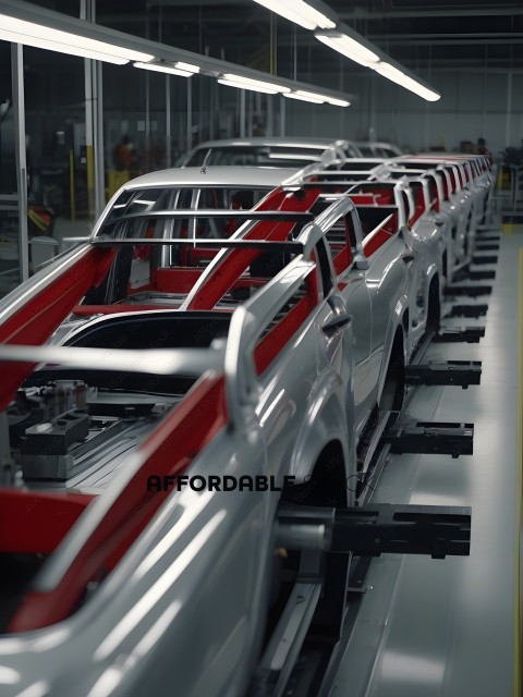 A row of silver and red cars on a conveyor belt