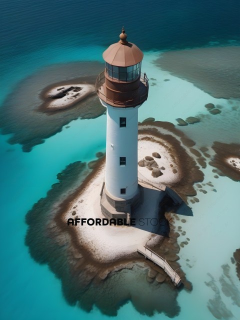 A lighthouse on a sandy island