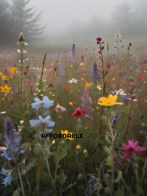 A field of flowers with a misty atmosphere