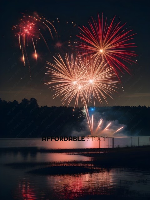 Fireworks over a lake at night
