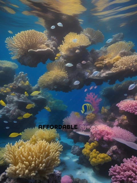 A colorful coral reef with a yellow and blue fish