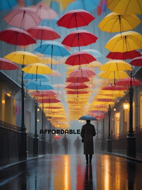 A person walking down a street with a rainbow of umbrellas