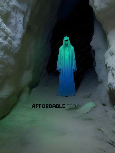 A ghostly figure in a long blue robe stands in a dark cave