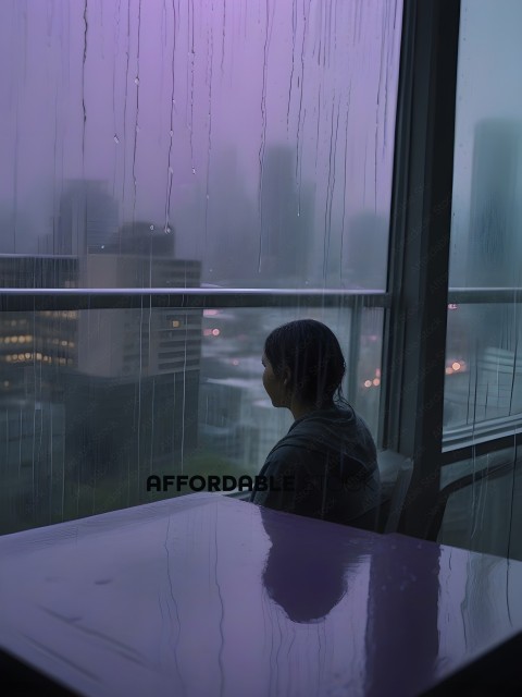 A person sitting at a table looking out a window at a city