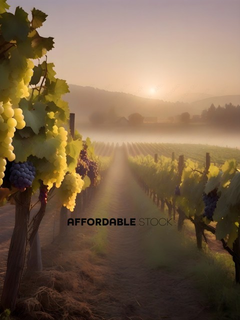 Vineyards with fog and sunset in the background