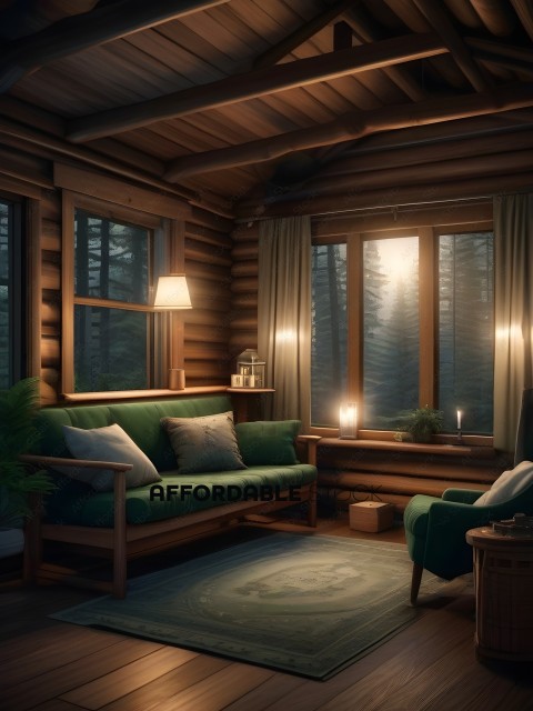 A cozy cabin with a green couch and a lit candle