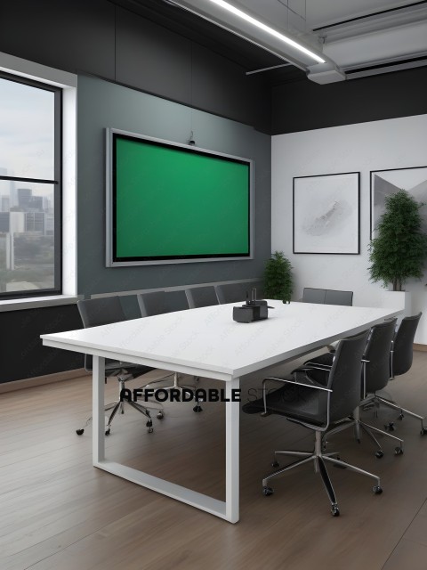 A conference room with a white table and green screen