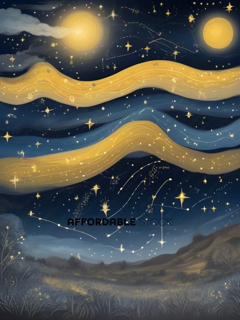 A night sky with stars and a yellow wave