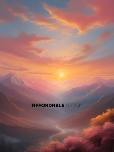 A beautiful painting of a mountain range with a sunset