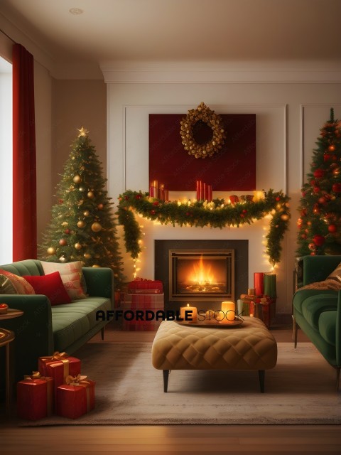A cozy living room with a fireplace and Christmas decorations
