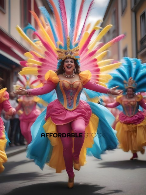 Colorful costume parade with a woman in a pink and yellow dress
